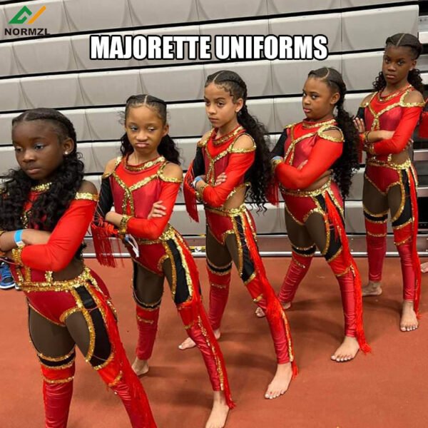 Red majorette jumpsuits dancewear shiny sequins fringe majorette outfit - Image 4
